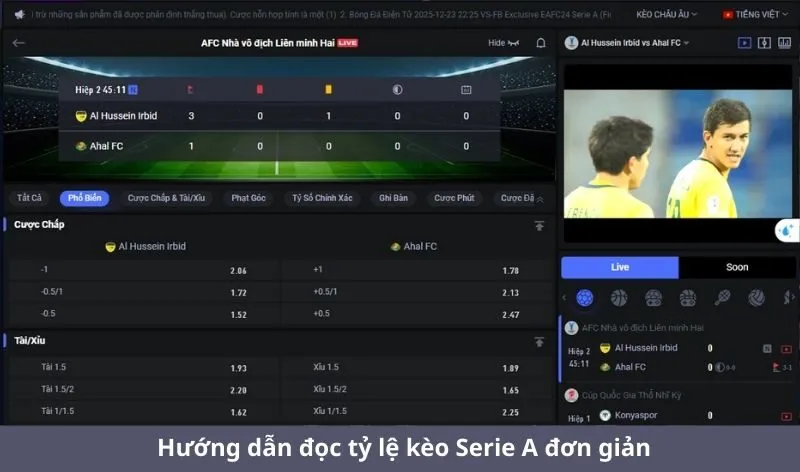 Hướng dẫn đọc tỷ lệ kèo Serie A đơn giản